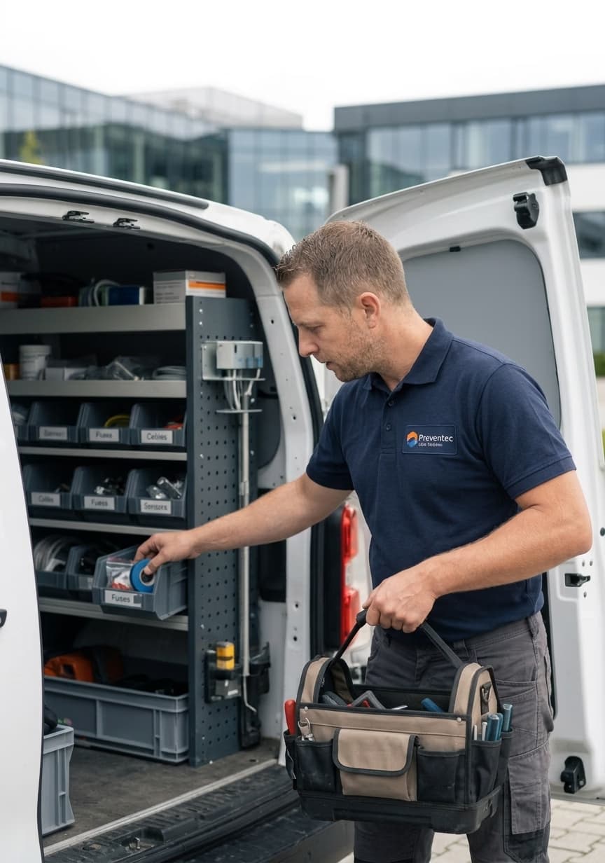 Servicemonteur van Preventec bij een onderhoudsbeurt